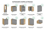 Set-Bestandteile L-Küche Nexa KL10-M360: 17 Schränke + Geschirrspülerfront mit Maßen – Farbe Beige Matt