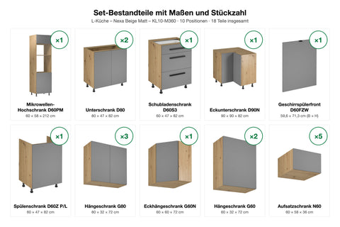 Set-Bestandteile L-Küche Nexa KL10-M360: 17 Schränke + Geschirrspülerfront mit Maßen – Farbe Beige Matt