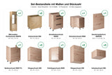 Set-Bestandteile L-Küche Nexa KL10-M360: 17 Schränke + Geschirrspülerfront mit Maßen – Farbe Woodline