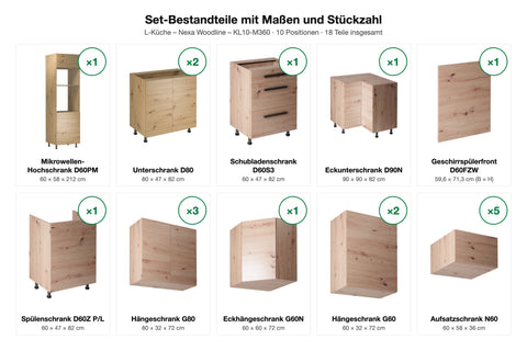 Set-Bestandteile L-Küche Nexa KL10-M360: 17 Schränke + Geschirrspülerfront mit Maßen – Farbe Woodline