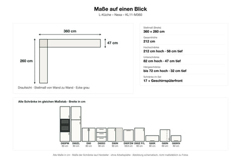 Maße L-Küche Nexa KL11-M360: Stellmaß 360 × 260 cm