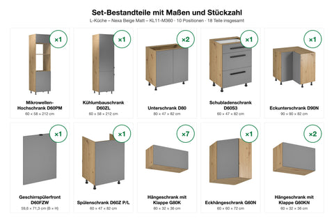 Set-Bestandteile L-Küche Nexa KL11-M360: 17 Schränke + Geschirrspülerfront mit Maßen – Farbe Beige Matt