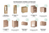Set-Bestandteile L-Küche Nexa KL11-M360: 17 Schränke + Geschirrspülerfront mit Maßen – Farbe Woodline