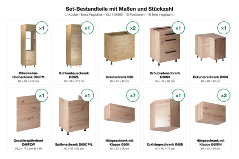 Set-Bestandteile L-Küche Nexa KL11-M360: 17 Schränke + Geschirrspülerfront mit Maßen – Farbe Woodline
