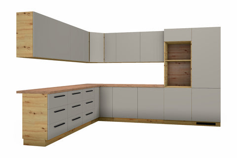 L-Küche Nexa Beige & Artisan-Eiche – 330 × 270 cm – KÜ-NEXA-003 – freigestellt auf Weiß