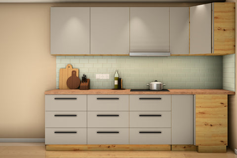 L-Küche Nexa Beige & Artisan-Eiche – 330 × 270 cm – KÜ-NEXA-003 – Wand B frontal