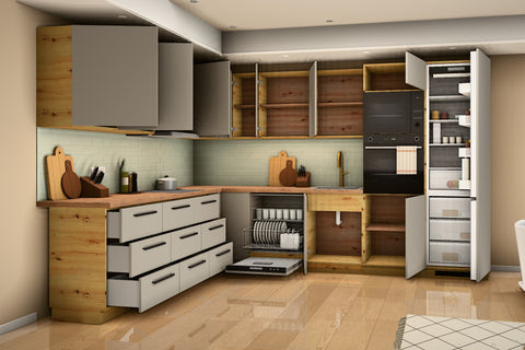 L-Küche Nexa Beige & Artisan-Eiche – 330 × 270 cm – KÜ-NEXA-003 – Türen, Klappen und Auszüge geöffnet