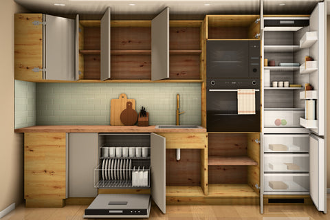 L-Küche Nexa Beige & Artisan-Eiche – 330 × 270 cm – KÜ-NEXA-003 – Wand A geöffnet, frontal