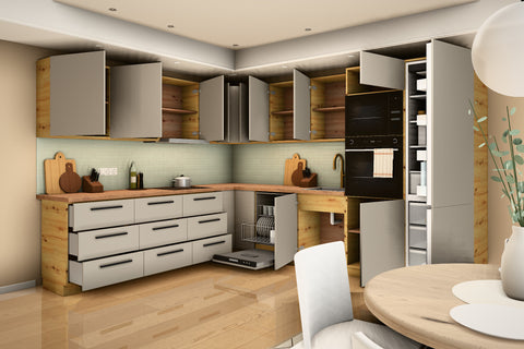 L-Küche Nexa Beige & Artisan-Eiche – 330 × 270 cm – KÜ-NEXA-003 – geöffnet, über Eck von rechts