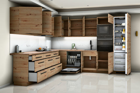 L-Küche Nexa Woodline & Artisan-Eiche – 330 × 270 cm – KÜ-NEXA-003 – Türen, Klappen und Auszüge geöffnet
