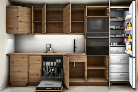 L-Küche Nexa Woodline & Artisan-Eiche – 330 × 270 cm – KÜ-NEXA-003 – Wand A geöffnet, frontal