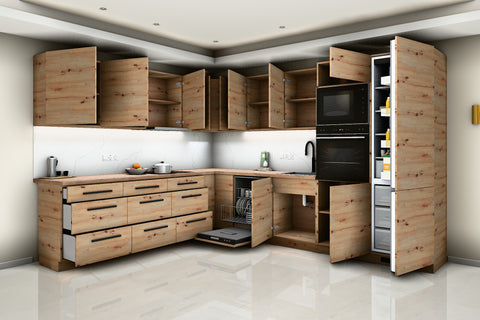L-Küche Nexa Woodline & Artisan-Eiche – 330 × 270 cm – KÜ-NEXA-003 – geöffnet, über Eck von rechts