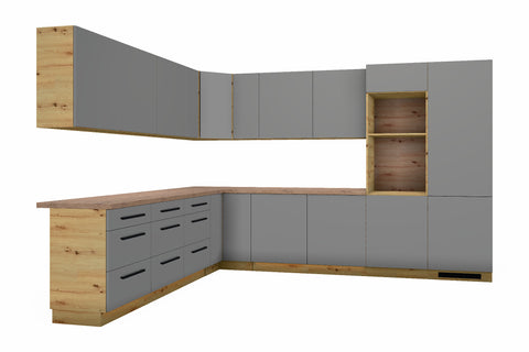 L-Küche Nexa Grau & Artisan-Eiche – 330 × 270 cm – KÜ-NEXA-003 – freigestellt auf Weiß