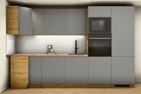 L-Küche Nexa Grau & Artisan-Eiche – 330 × 270 cm – KÜ-NEXA-003 – Wand A frontal