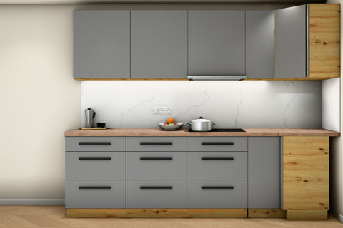 L-Küche Nexa Grau & Artisan-Eiche – 330 × 270 cm – KÜ-NEXA-003 – Wand B frontal