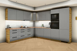L-Küche Nexa Grau & Artisan-Eiche – 330 × 270 cm – KÜ-NEXA-003 – Raumansicht über Eck von rechts
