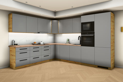 L-Küche Nexa Grau & Artisan-Eiche – 330 × 270 cm – KÜ-NEXA-003 – Raumansicht über Eck von rechts