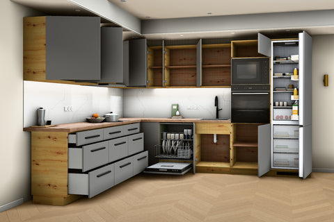 L-Küche Nexa Grau & Artisan-Eiche – 330 × 270 cm – KÜ-NEXA-003 – Türen, Klappen und Auszüge geöffnet