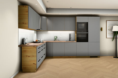 L-Küche Nexa Grau & Artisan-Eiche – 330 × 270 cm – KÜ-NEXA-003 – Raumansicht über Eck von links