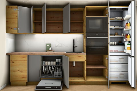 L-Küche Nexa Grau & Artisan-Eiche – 330 × 270 cm – KÜ-NEXA-003 – Wand A geöffnet, frontal