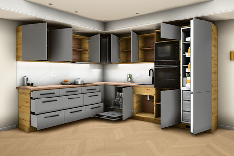 L-Küche Nexa Grau & Artisan-Eiche – 330 × 270 cm – KÜ-NEXA-003 – geöffnet, über Eck von rechts