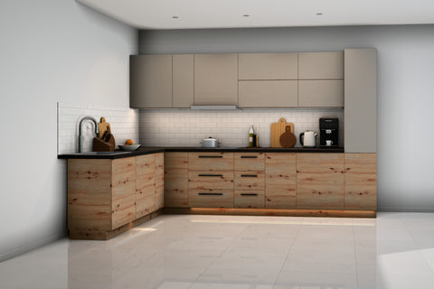 L-Küche Nexa Woodline & Beige – 330 × 210 cm – K24-G210 – Raumansicht frontal
