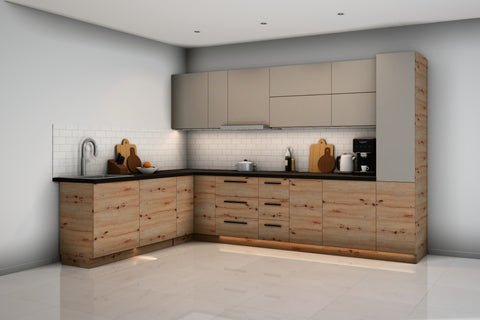 L-Küche Nexa Woodline & Beige – 330 × 210 cm – K24-G210 – Raumansicht über Eck von rechts