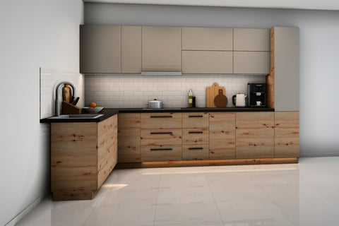 L-Küche Nexa Woodline & Beige – 330 × 210 cm – K24-G210 – Raumansicht über Eck von links