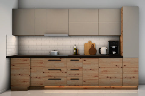 L-Küche Nexa Woodline & Beige – 330 × 210 cm – K24-G210 – Wand A frontal