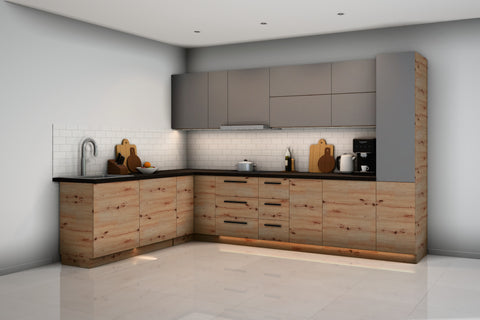 L-Küche Nexa Woodline & Grau – 330 × 210 cm – K24-G210 – Raumansicht über Eck von rechts