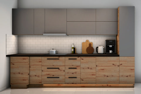 L-Küche Nexa Woodline & Grau – 330 × 210 cm – K24-G210 – Wand A frontal