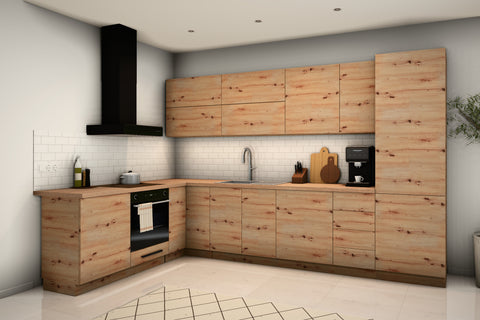 L-Küche Nexa Woodline über Eck von rechts mit Hochschrank D60R und Schubladenschrank D40S4