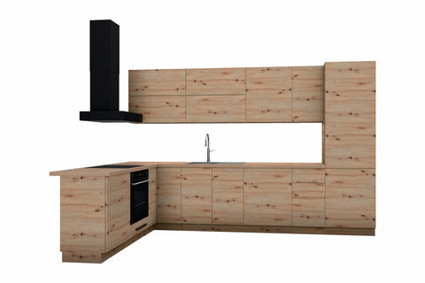 L-Küche Nexa Woodline 330 × 210 cm freigestellt auf weißem Hintergrund