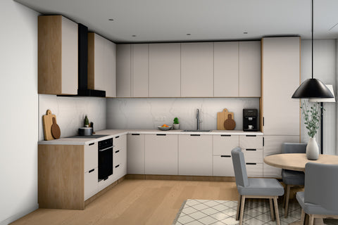 L-Küche Sorento Beige & Sonoma Eiche – 359 × 239 cm – KÜ-SORENTOS-001 – Raumansicht frontal