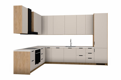 L-Küche Sorento Beige & Sonoma Eiche – 359 × 239 cm – KÜ-SORENTOS-001 – freigestellt auf Weiß