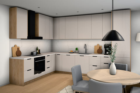L-Küche Sorento Beige & Sonoma Eiche – 359 × 239 cm – KÜ-SORENTOS-001 – Raumansicht über Eck von rechts
