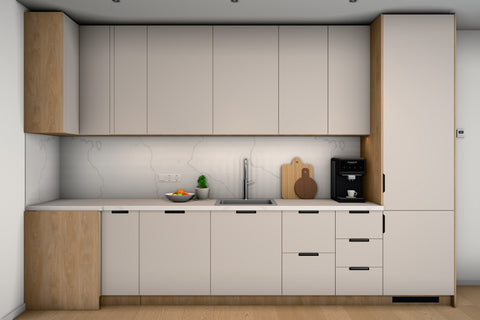 L-Küche Sorento Beige & Sonoma Eiche – 359 × 239 cm – KÜ-SORENTOS-001 – Wand A frontal