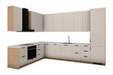L-Küche Sorento Beige & Sonoma Eiche – 359 × 239 cm – KÜ-SORENTOS-001 – freigestellt, über Eck von rechts