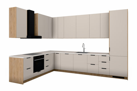 L-Küche Sorento Beige & Sonoma Eiche – 359 × 239 cm – KÜ-SORENTOS-001 – freigestellt, über Eck von rechts