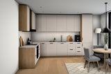 L-Küche Sorento Beige & Sonoma Eiche – 359 × 239 cm – KÜ-SORENTOS-001 – Raumansicht über Eck von links
