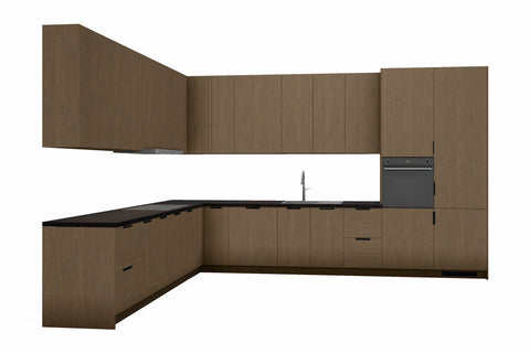 L-Küche Sorento Dunkle Eiche – 399 × 299 cm – KÜ-SOREN-010 – freigestellt auf Weiß