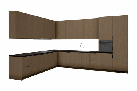 L-Küche Sorento Dunkle Eiche – 399 × 299 cm – KÜ-SOREN-010 – freigestellt, über Eck von rechts