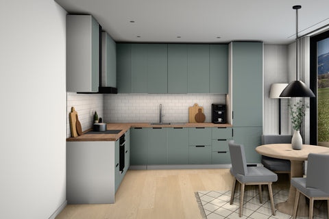 L-Küche Sorento Grün & Weiß – 319 × 244 cm – KÜ-SORENTO6-001 – Raumansicht über Eck von links