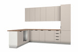 L-Küche Sorento Weiß & Beige – 330 × 210 cm – mit Hochschrank und Geschirrspülerfront – K51-G330 – freigestellt auf Weiß