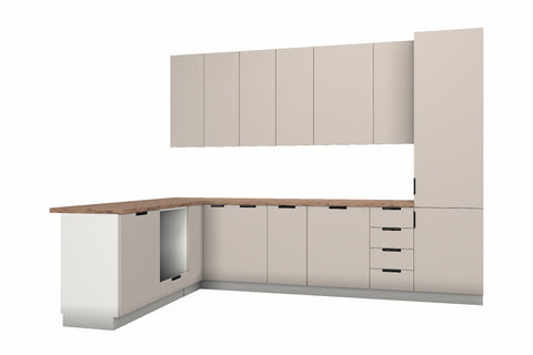 L-Küche Sorento Weiß & Beige – 330 × 210 cm – mit Hochschrank und Geschirrspülerfront – K51-G330 – freigestellt auf Weiß