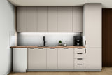 L-Küche Sorento Weiß & Beige – 330 × 210 cm – mit Hochschrank und Geschirrspülerfront – K51-G330 – Wand A frontal