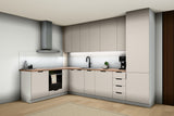 L-Küche Sorento Weiß & Beige – 330 × 210 cm – mit Hochschrank und Geschirrspülerfront – K51-G330 – Raumansicht über Eck von rechts