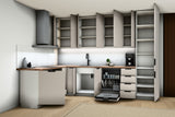 L-Küche Sorento Weiß & Beige – 330 × 210 cm – mit Hochschrank und Geschirrspülerfront – K51-G330 – Türen, Klappen und Auszüge geöffnet