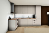 L-Küche Sorento Weiß & Beige – 330 × 210 cm – mit Hochschrank und Geschirrspülerfront – K51-G330 – Raumansicht über Eck von links
