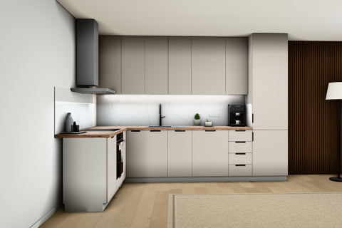 L-Küche Sorento Weiß & Beige – 330 × 210 cm – mit Hochschrank und Geschirrspülerfront – K51-G330 – Raumansicht über Eck von links